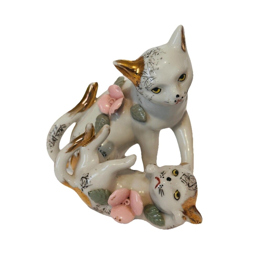 Vintage Japan Cat Figurines Pair Porcelain Kitten Set Pink Flowers Gold Trim